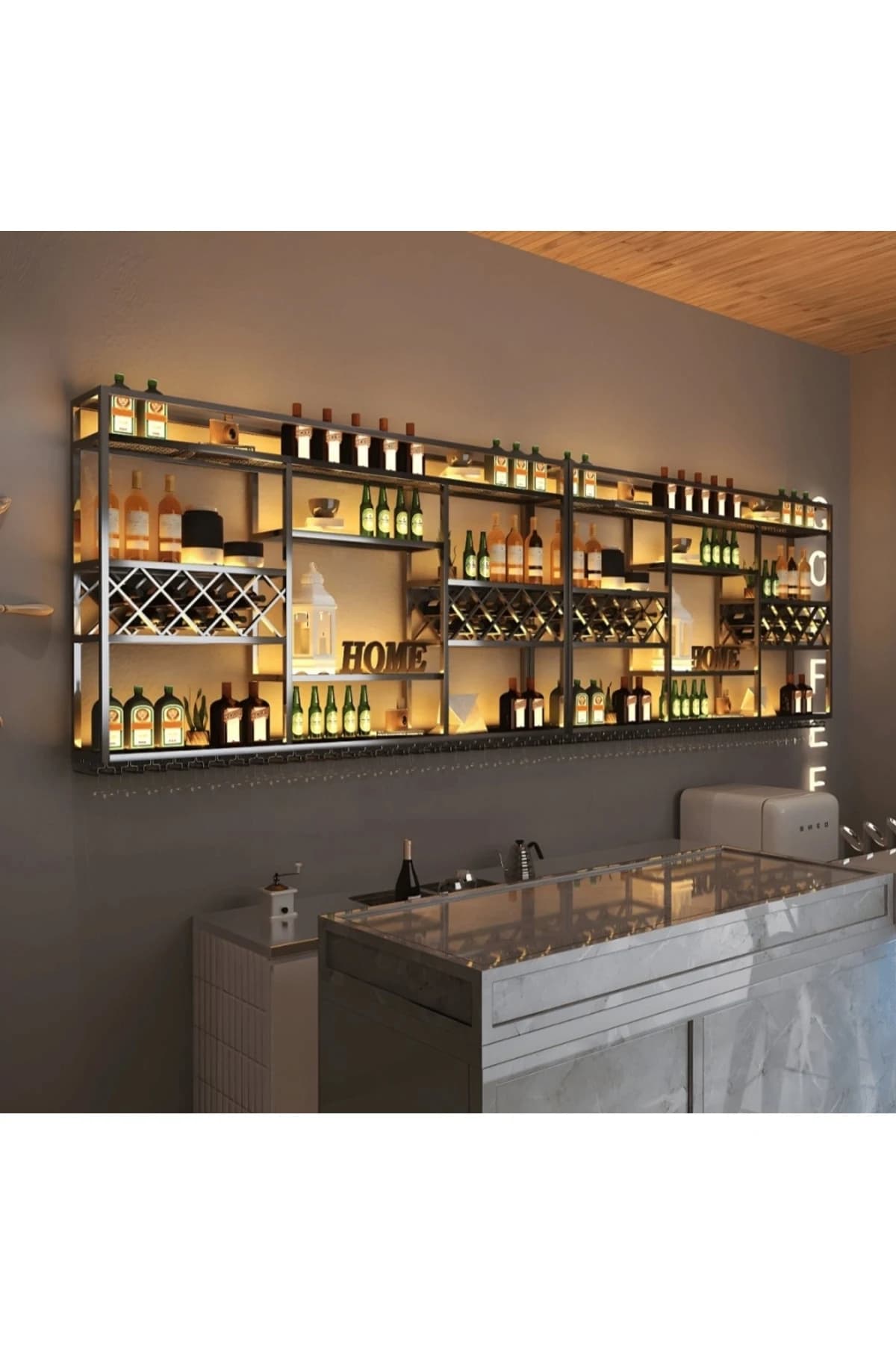KC-0252 Endüstriyel Metal Duvara Monte Şarap Rafı Cafe Bar Otel Şaraplık