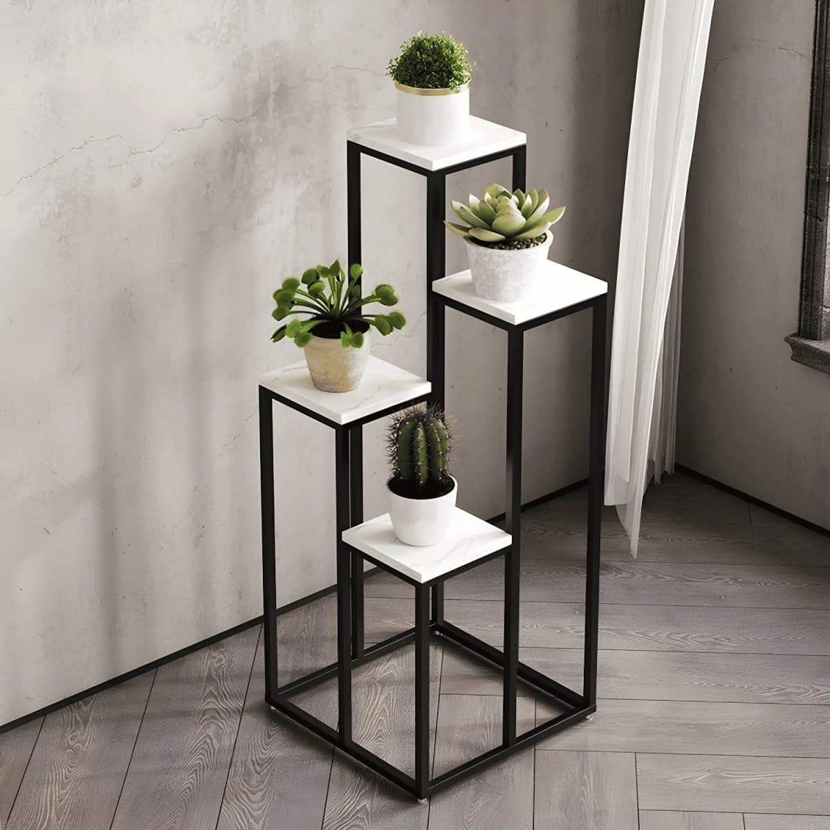 KC-0132 4-Katlı Kare MDF Bitki Standı, Altın/Beyaz