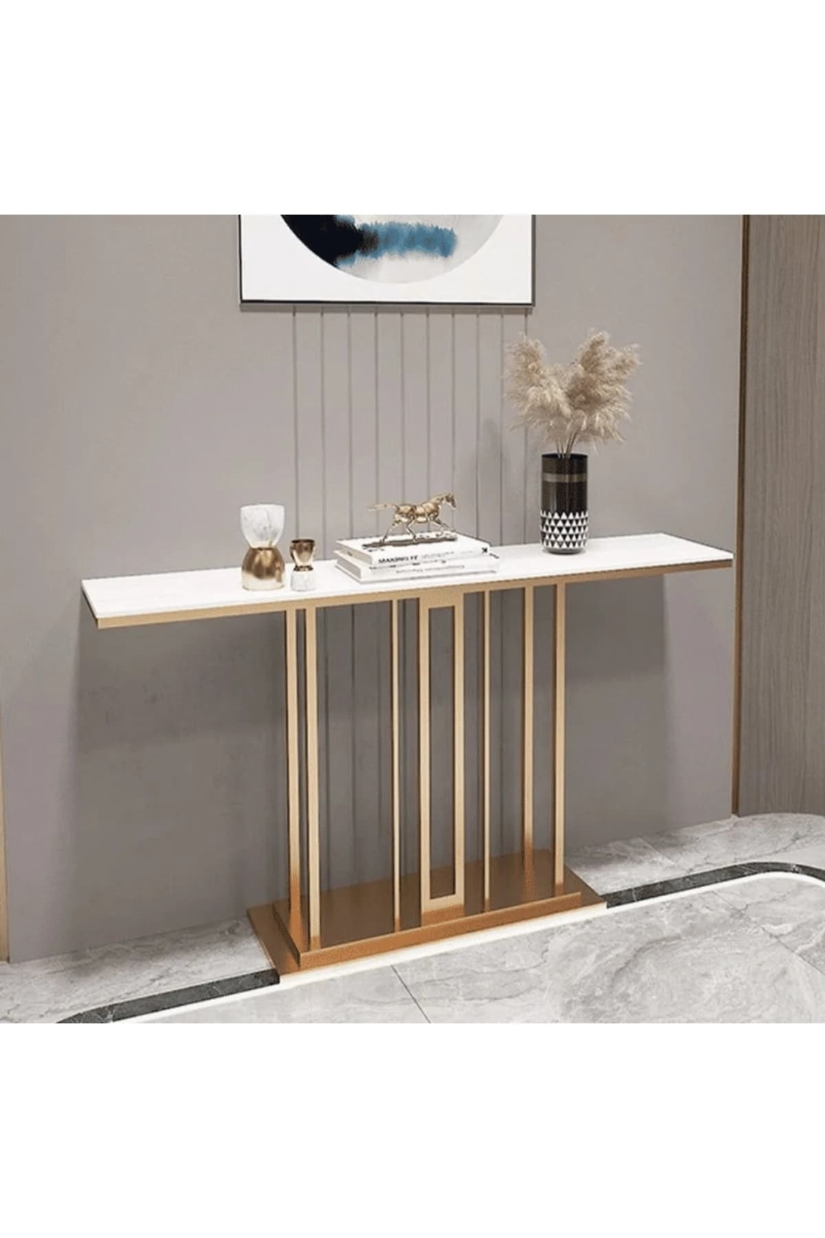 KC-0193 Modern Dikdörtgen Beyaz MDF Konsol Masa, Zarif Geometrik Tabanlı